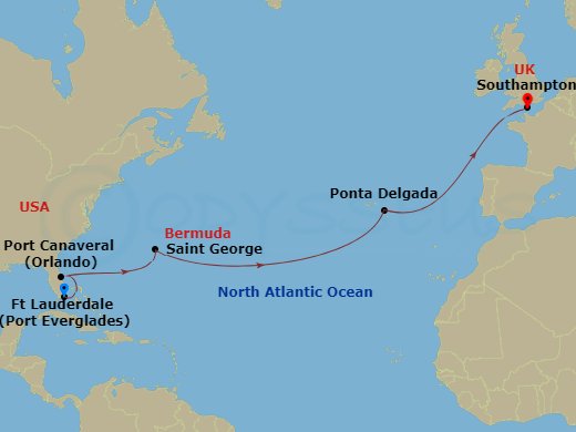 14-night Eastbound Transatlantic Crossing From Fort Lauderdale Cruise Itinerary Map