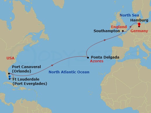 16-night Eastbound Transatlantic Crossing From Fort Lauderdale Cruise Itinerary Map