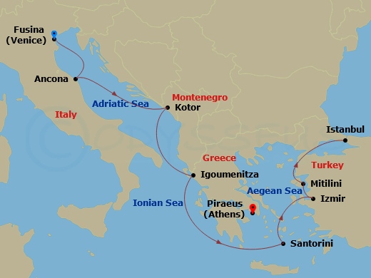 itinerary map of 10-night Crossroads & Ionian Grandeur Cruise