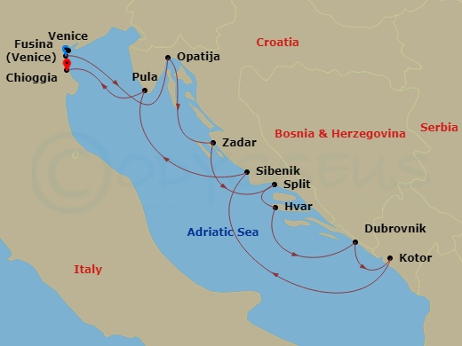 9-night Croatia Intensive Voyage Itinerary Map