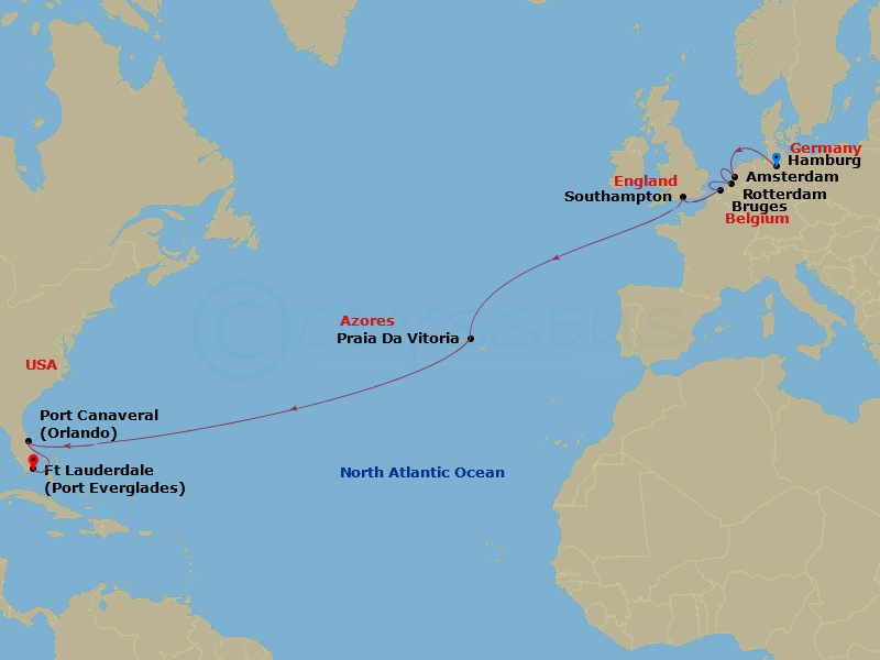 17-night Westbound Transatlantic Crossing To Fort Lauderdale Cruise Itinerary Map