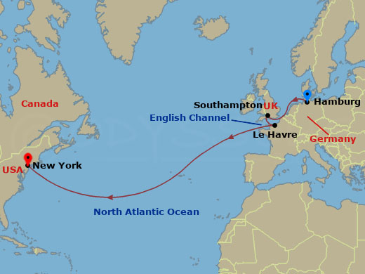 10-night Westbound Transatlantic Crossing Cruise Itinerary Map