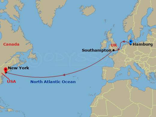 9-night Westbound Transatlantic Crossing Cruise Itinerary Map