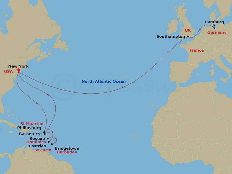 21-night Transatlantic Crossing And Eastern Caribbean Cruise Itinerary Map