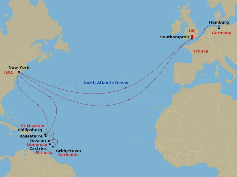 28-night Transatlantic Crossing And Eastern Caribbean Cruise Itinerary Map
