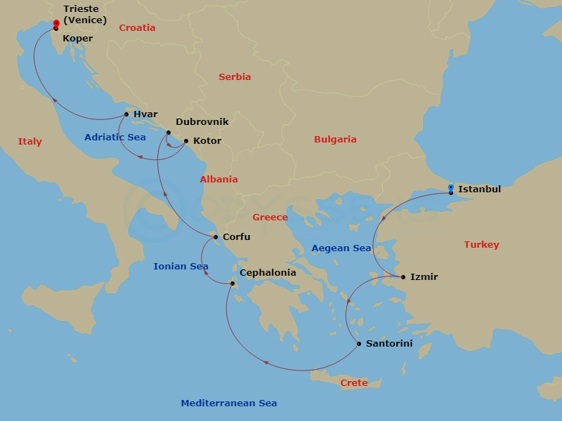 10-night Aegean & Adriatic Vistas Voyage Itinerary Map