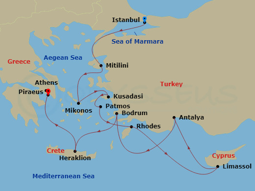 itinerary map of 10-night Grandeur In The Greek Isles Cruise