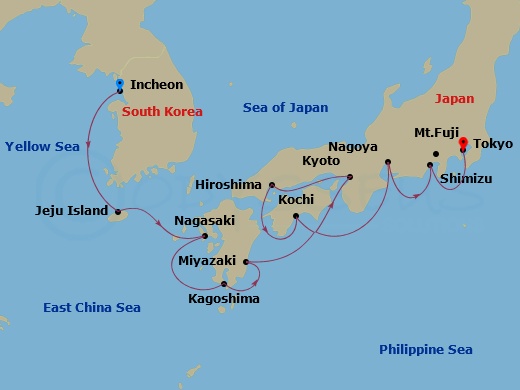 11-night Asia: Osaka, Kochi, Jeju & Nagoya Cruise Itinerary Map