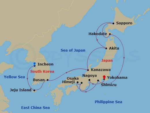 12-night Asia: Jeju, Nagoya & Sapporo Cruise Itinerary Map