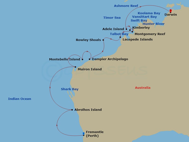 17-night Northern and Western Australia Expedition Cruise Itinerary Map
