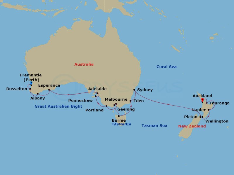 24-night Oceania Voyager - 2025 World Cruise Segment Itinerary Map