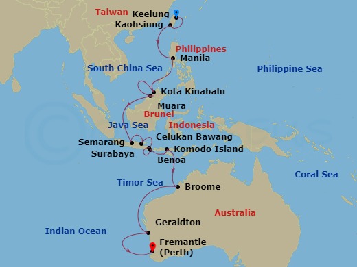 20-night Australasian Adventure - 2025 World Cruise Segment Itinerary Map