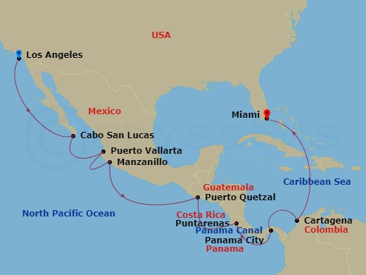 15-night Panama Canal: Mexico & Colombia Cruise Itinerary Map