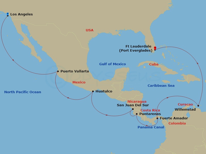 16-night Panama Canal - Ocean To Ocean Cruise Itinerary Map