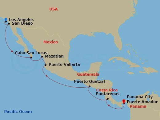 itinerary map of 12-night A Journey of Pacific Pleasures and the Panama Canal Cruise