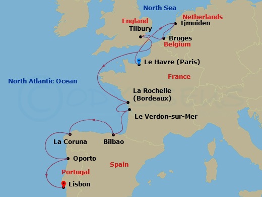 10-night Europe: France, Spain, England & Portugal Cruise Itinerary Map