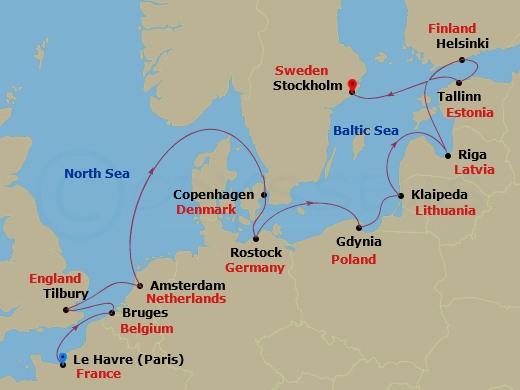 12-night Baltic: England, Germany & Belgium Cruise Itinerary Map