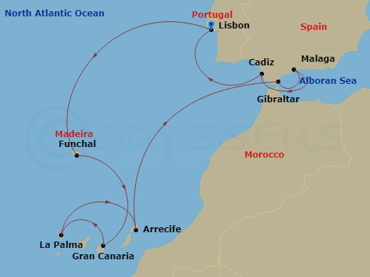 10-night Europe: Spain, Gibratar & Canary Islands Cruise Itinerary Map