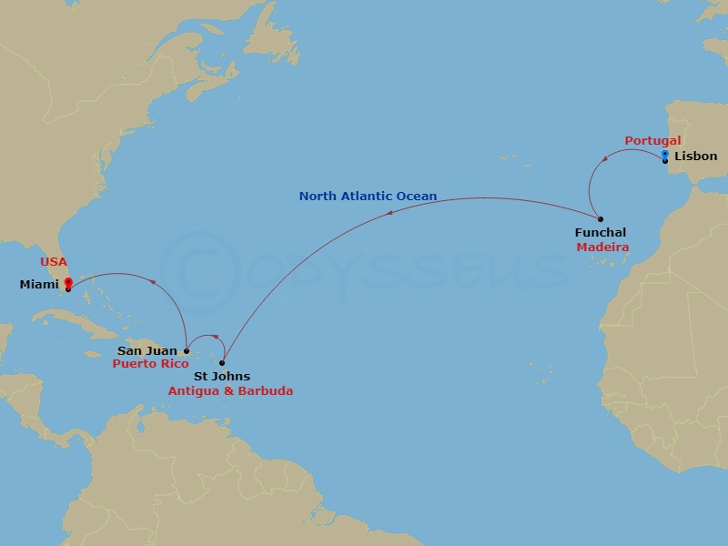 12-night Atlantic Horizons Voyage  Itinerary Map