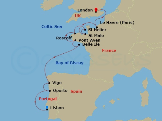 itinerary map of 12-night European Cruise