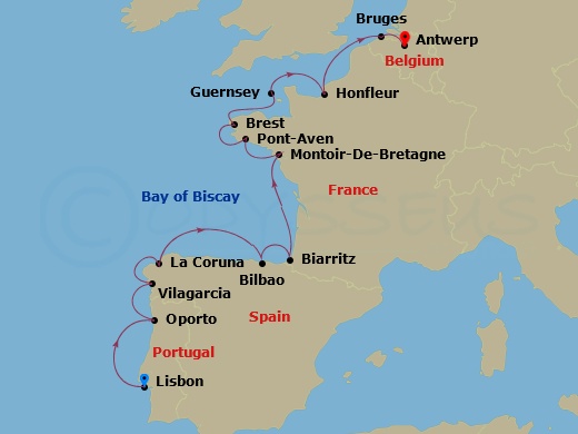 14-night Castles & Cathedrals Cruise Itinerary Map