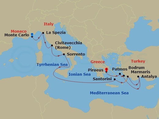 10-night Azure Mediterranean Voyage Itinerary Map