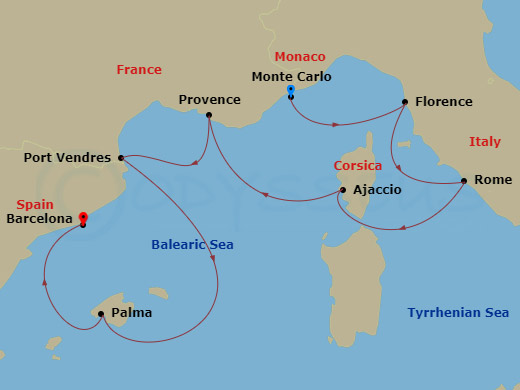 itinerary map of 7-night Picturesque Rivieras Voyage