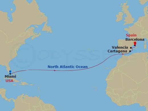 12-night Spain & Azores Transatlantic Cruise Itinerary Map