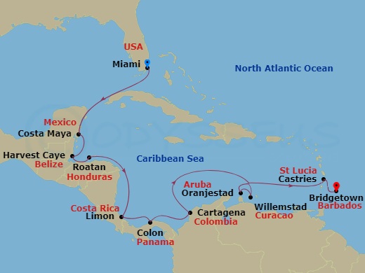 14-night Mangroves of the Maya Voyage Itinerary Map