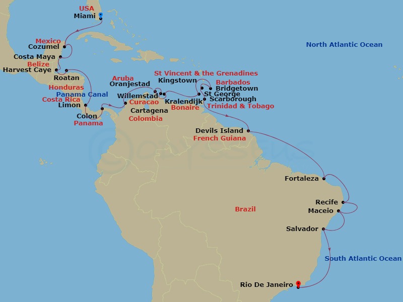 30-night Caribbean Shores to Rio's Marvels Cruise – Miami to Rio de Janeiro
