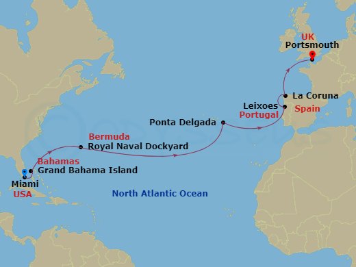 15-night Portugal & Spain Transatlantic Cruise Itinerary Map