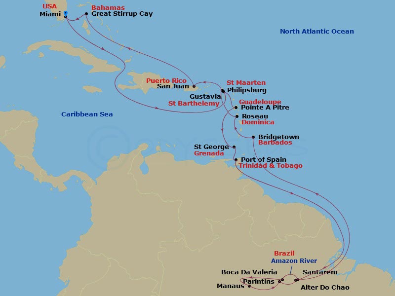 24-night Radiant Amazon Cruise Itinerary Map