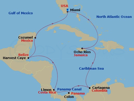 11-night Panama Canal Cruise Itinerary Map