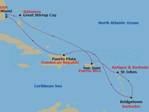 9-night Southern Caribbean: Barbados & Dominican Republic Cruise Itinerary Map