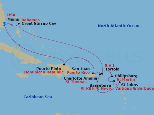 11-night Eastern Caribbean: Dominican Republic & Antigua Cruise Itinerary Map