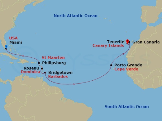 14-night Caribbean to the Canaries Voyage Itinerary Map