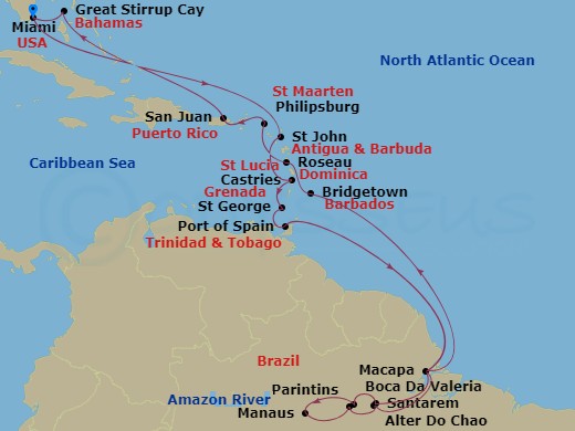 24-night Amazonian Mystique Voyage Itinerary Map