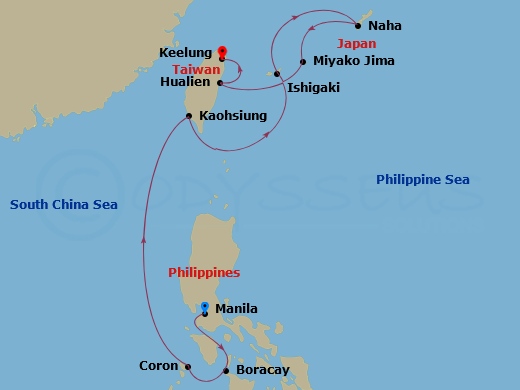 10-night Asia: Boracay, Okinawa, Coron & Kaohsiung Cruise Itinerary Map