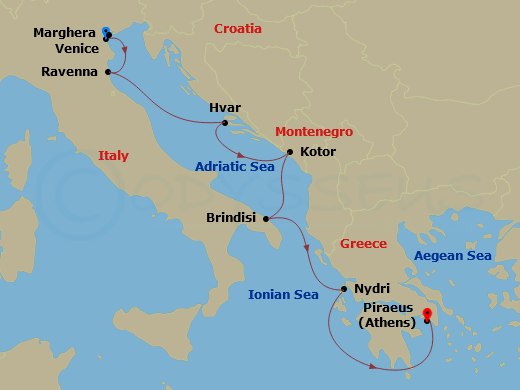 itinerary map of 7-night A Journey from Marco Polo’s Venice to Athens Cruise