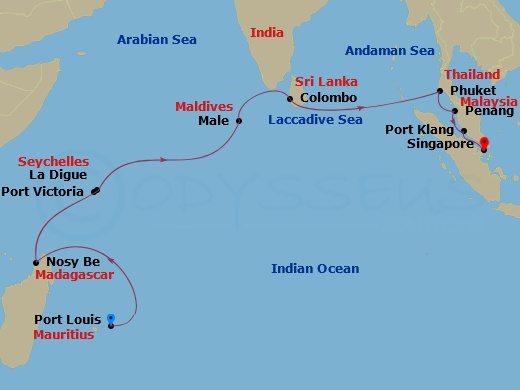 17-night Asia: Maldives, Thailand & Seychelles Cruise Itinerary Map