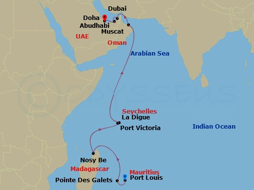14-night South Africa: Seychelles, Madagascar, Oman & UAE Cruise Itinerary Map