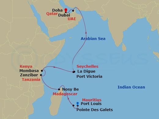 16-night Africa & Middle East Cruise Itinerary Map