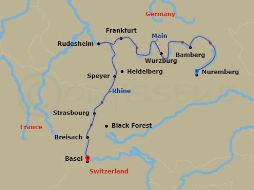 9-night Christmastime From Nuremberg To Basel Cruise Itinerary Map