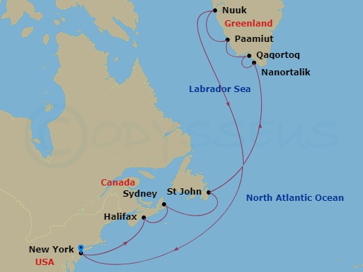 18-night Greenland & Canada Cruise Itinerary Map