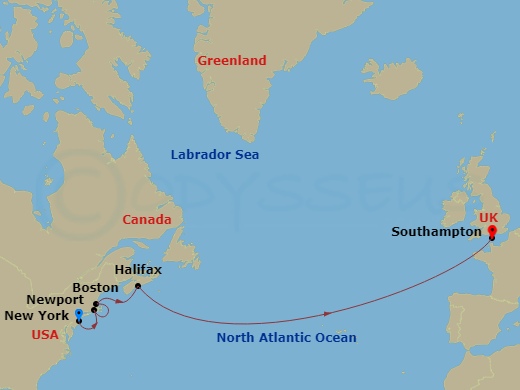14-night Transatlantic Crossing, New England And Canada Cruise Itinerary Map