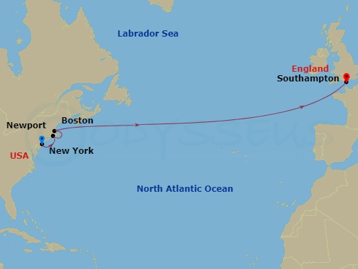 9-night Eastbound Transatlantic Crossing Cruise Itinerary Map