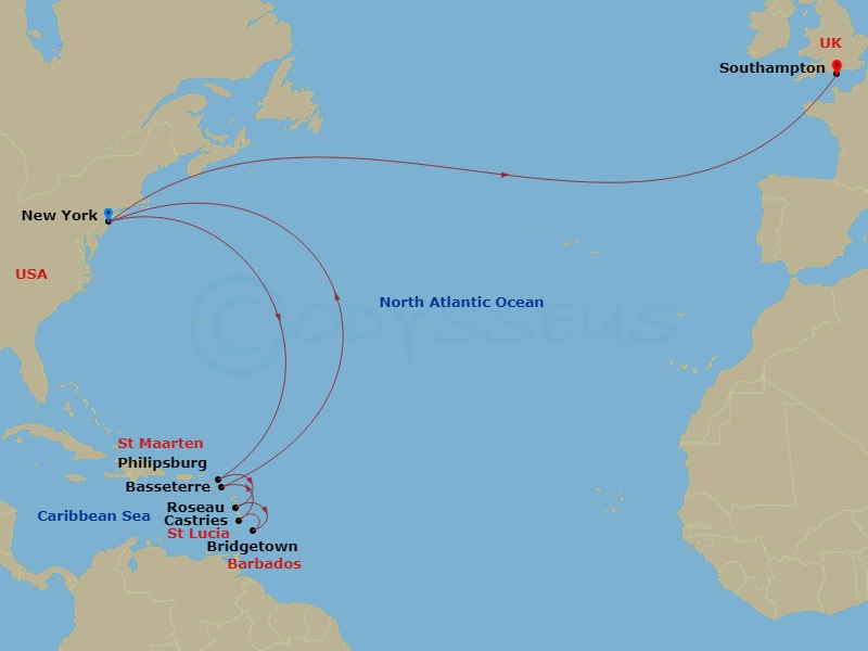 19-night Transatlantic Crossing And Eastern Caribbean Cruise Itinerary Map