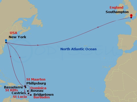 21-night Caribbean Celebration And Transatlantic Crossing Cruise Itinerary Map