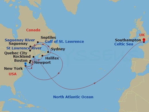 21-night Transatlantic Crossing, New England And Canada Cruise Itinerary Map