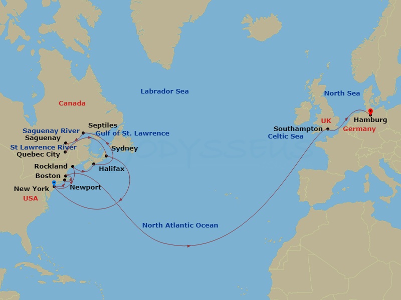 23-night Transatlantic Crossing, New England And Canada Cruise Itinerary Map